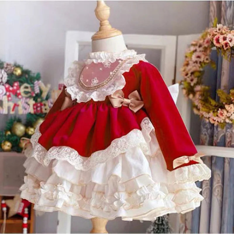 Christmas Carnival New Year Palace Style Girls' Princess Dress Lace Bowtie Girls' Birthday Party Elegant Evening Dress