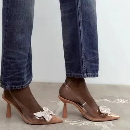 Women Summer Bow Rhinestone Slingback Pumps Fashion Lady Transparent High Heels Sandals Elegant Pointed Toe Heels 2023