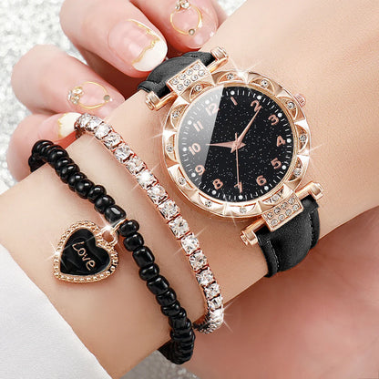 3PCS/Set Fashion Rhinestone Women's Watch Casual Leather Band Analog Quartz Watches Bracelets Set