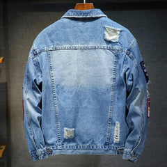 Denim Jacket Men Women Hip Hop Streetwear Punk Motorcycle Ripped Print Jeans Coat