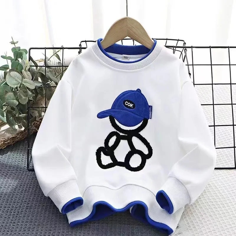 Teenage Boy Clothes Children Girl fake two pieces Sweater Pullover And pants Set kid Embroidery Cartoon Bear Top Bottom Suit