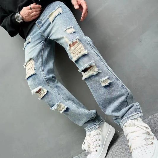 Men Loose Ripped Straight Jeans Pants Male Streetwear Stylish Casual Denim Trousers