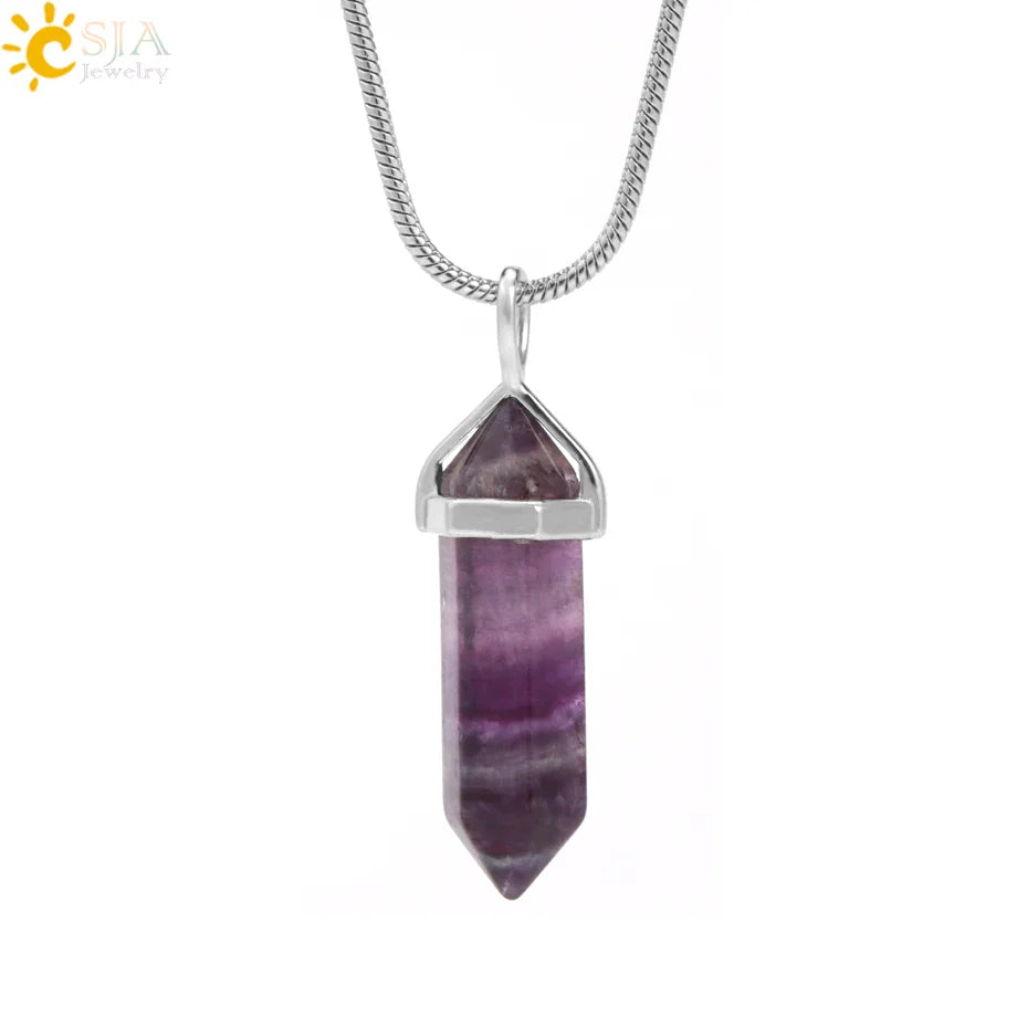 CSJA Fluorite Crystals Necklaces Pendants Suspension Quartz Natural Gem Stone Necklace for Women Hexagonal Reiki Healing G954