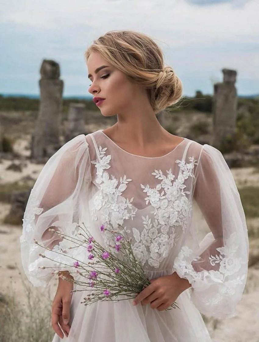 Evening wear Dresses: O-Neck A-LINE Floor-Length Long sleeved Lace of Formal