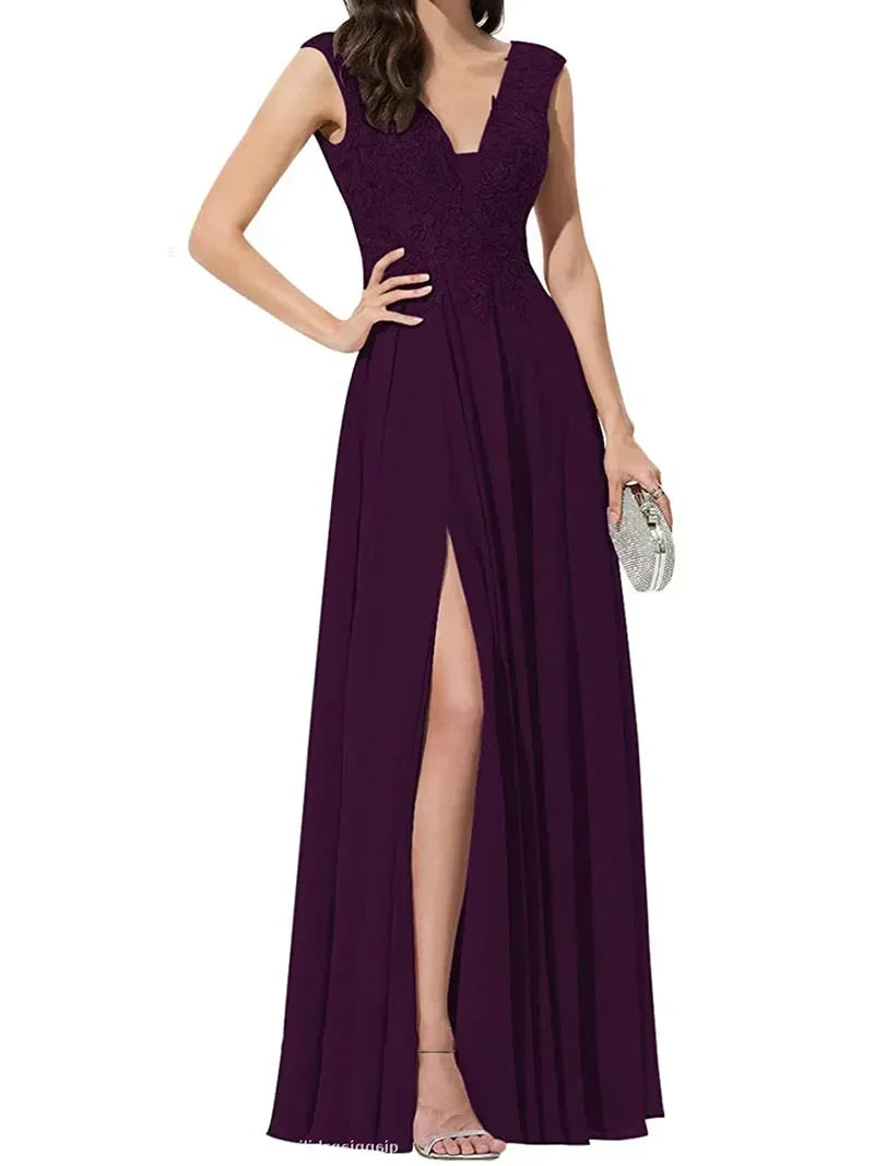 Homecoming Dresses: Chiffon V-back Sweet High Side Slit Appliques Lace Prom Dresses