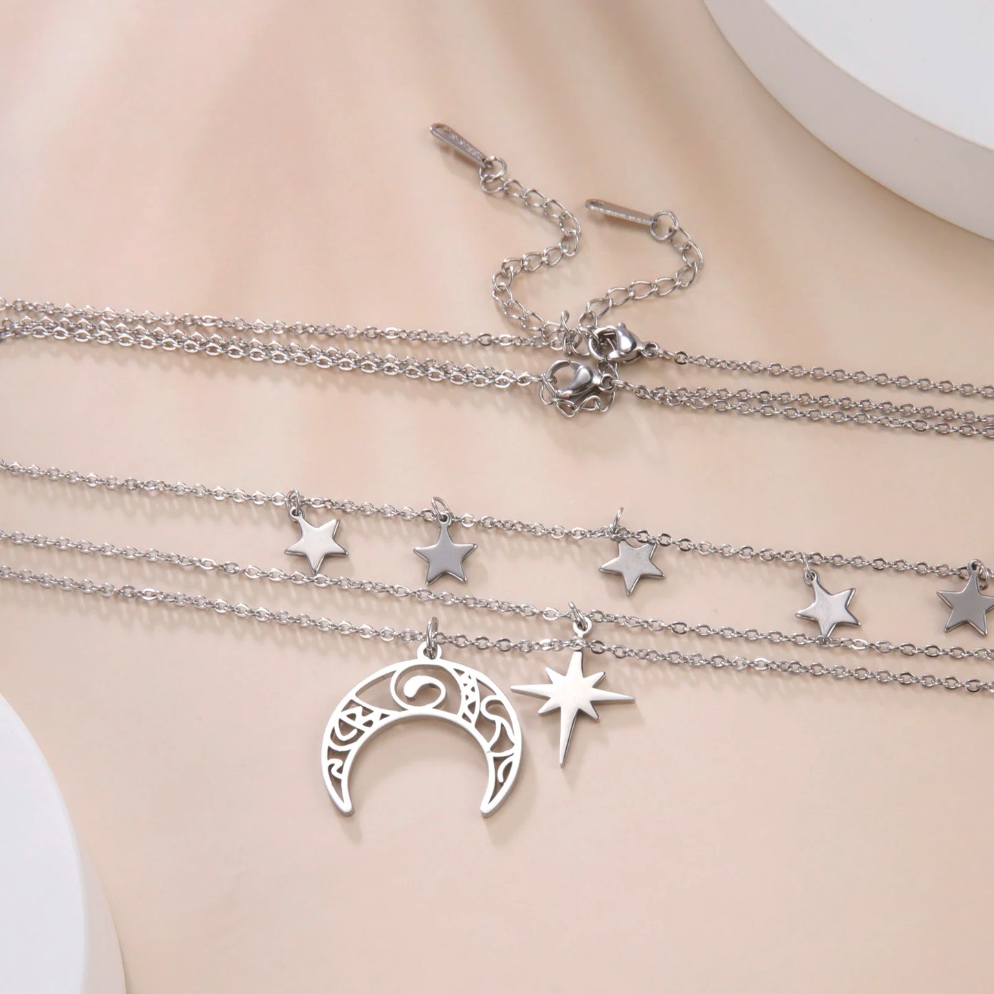 Teamer Three Layer Witchy Necklace for Women Star Moon Stainless Steel Necklaces
