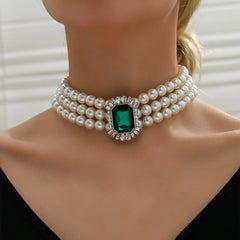 Multi Layered Simulated Pearl Green Crystal Choker Necklace Collar Statement