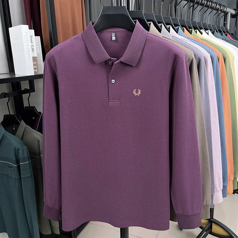 100% pure cotton high-end brand men's long sleeved polo shirt autumn fashion hot selling wheat embroidery golf business T-shirt