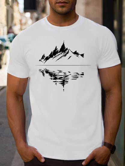 Men's summer 100 pure cotton fashionable casual loose fit plus mountain reflection printed round neck short sleeved T-shirt top