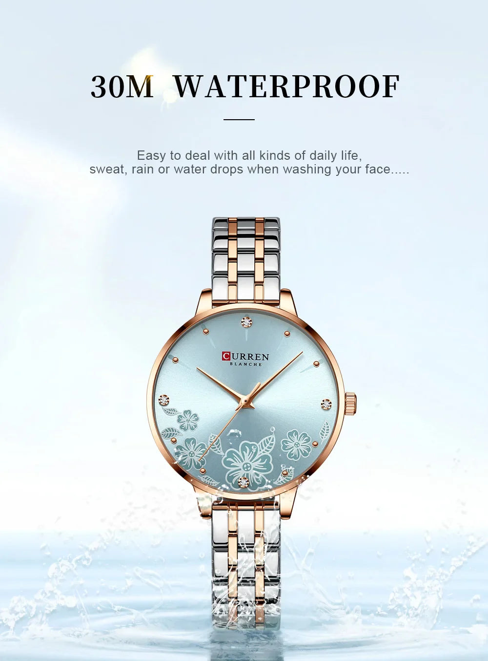 CURREN Fashion Quartz Wristwatches for Women Simple Stainless Steel Watch Bracelet with Flower Design Dial
