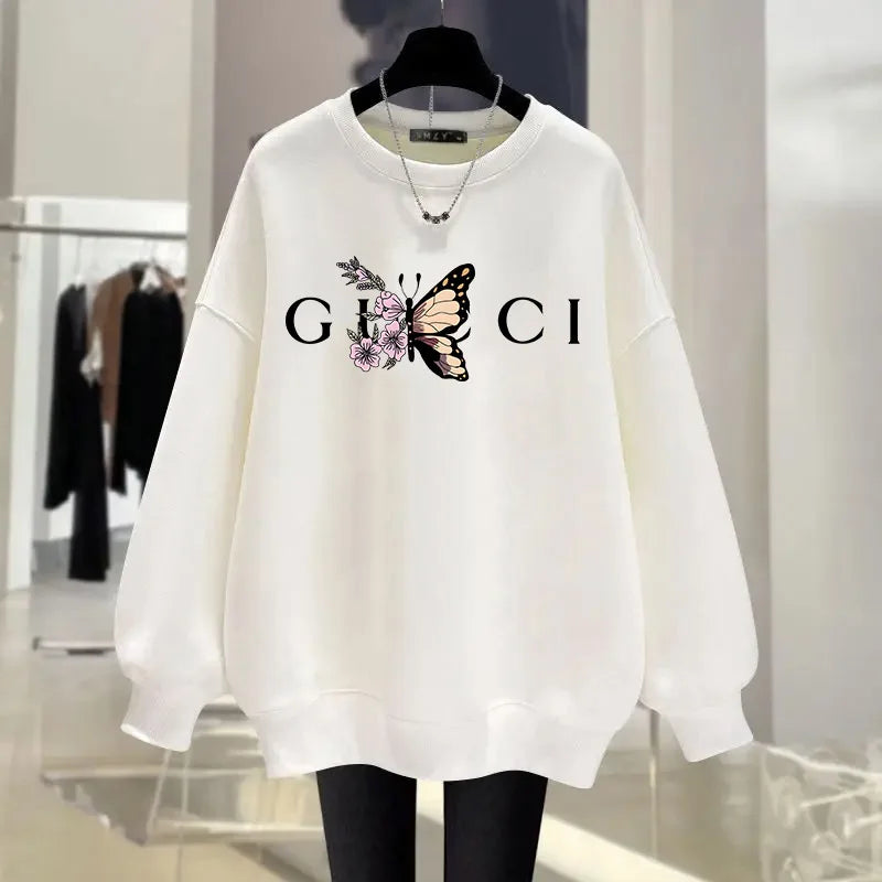 Women's O-Neck Hoodie Letter Printed Loose Long Sleeved Sweatshirt Woman Vintage