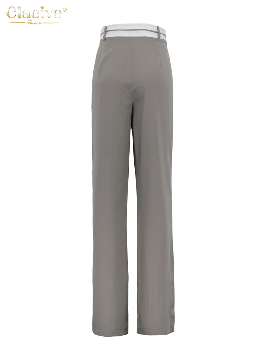 Elegant Loose Gray Office Women Pants Fashion High Waist Straight Trousers