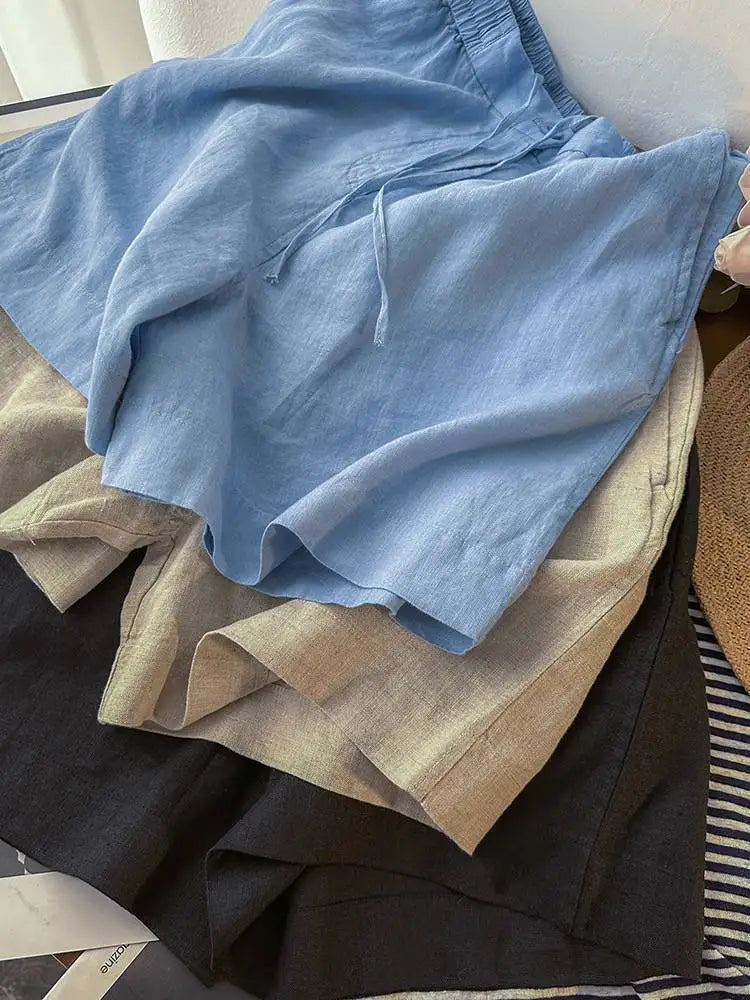 Japanese Simple Solid Color Pure Cotton Linen Casual Versatile Straight Elastic Waist Shorts Women's Middle Pants
