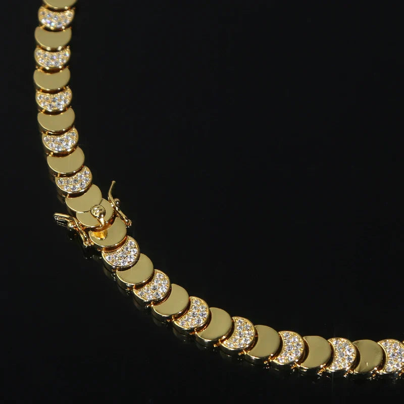Gold Color Fashion Women Jewelry Set Geometric Shiny Plain Paved 5A CZ Moon Shaped Chain Choker Necklace Bracelet