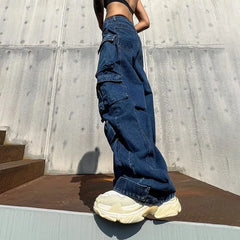 Cargo Pants Women Jeans Vintage Street Distressed Wash Baggy Jeans