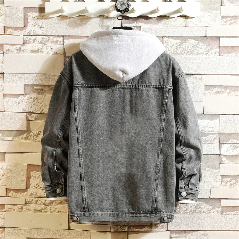 Denim Jacket Cotton Loose Hooded jean Outwear Coat Solid Denim jacket