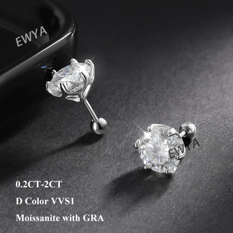 EWYA 0.2/0.5/2ct D Color Moissanite Screw Stud Earrings for Women Men Silver 925 Plated 18K Pass Diamond Test 6 Prong Earring