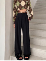 Fashion High Waist Wide Leg Pants Women Spring Fall Baggy Black Trouser Office