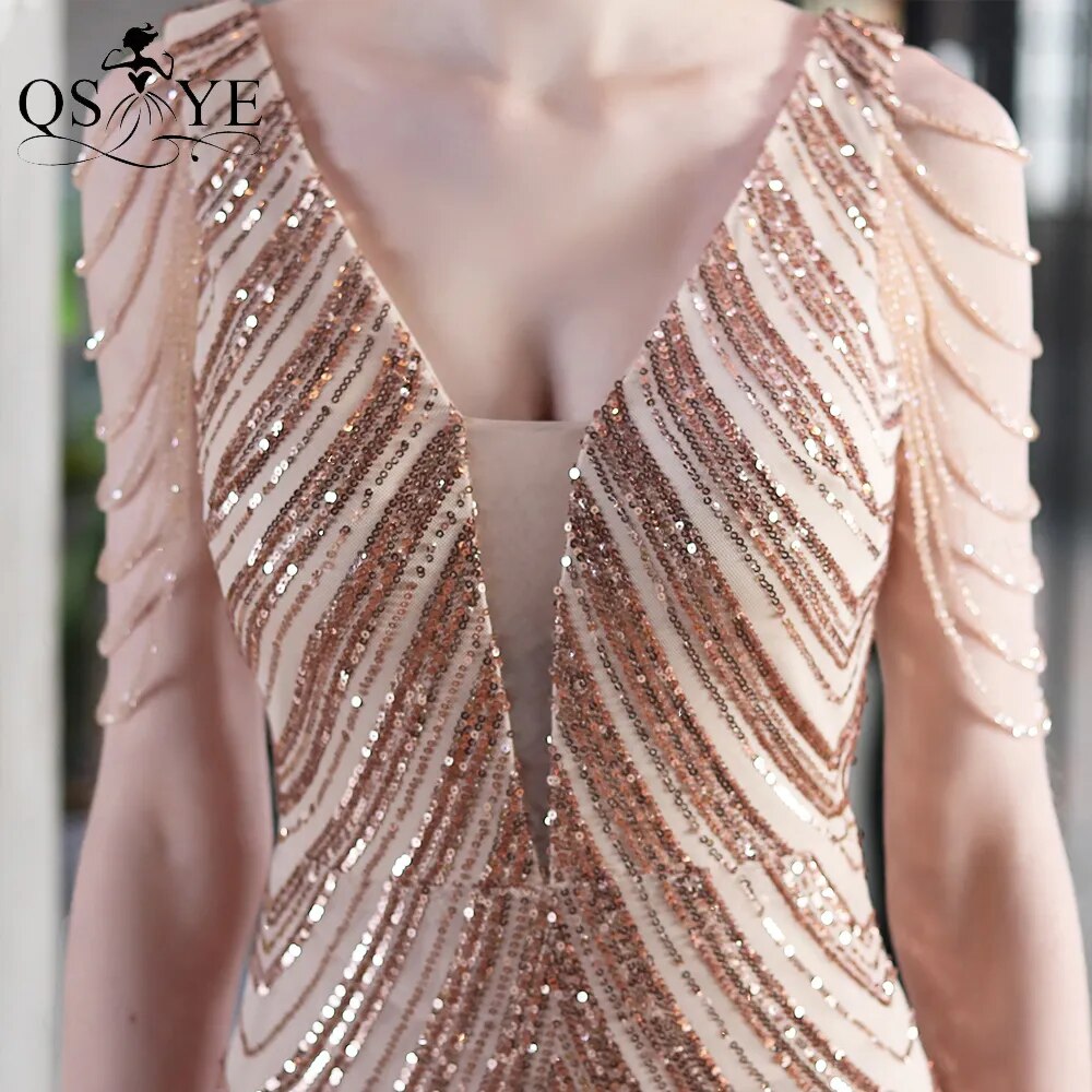 Evening wear Dresses: Golden Prom Dresses V Neck Mermaid Long Evening Dress