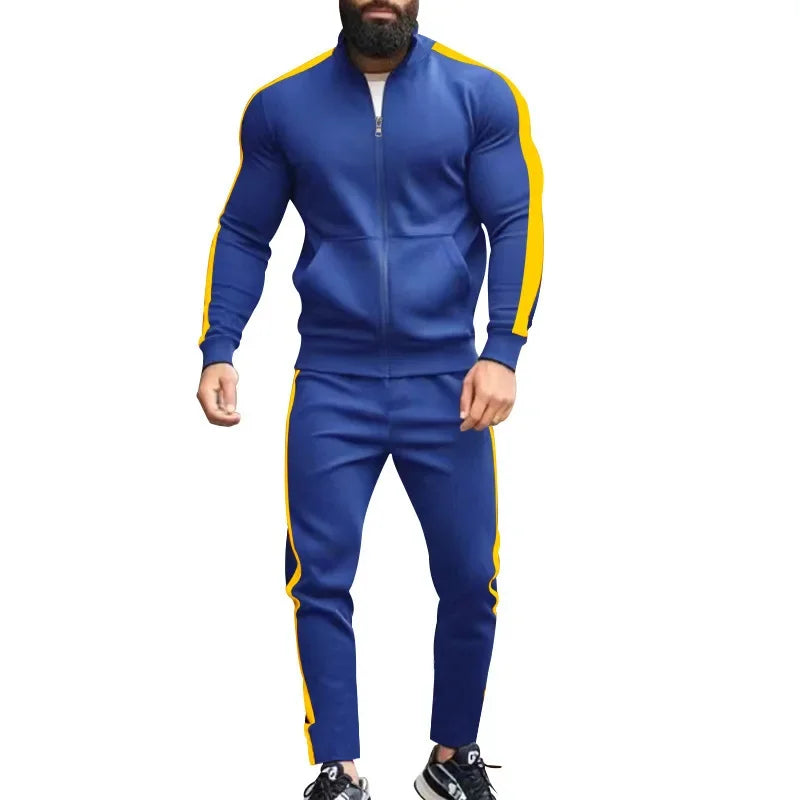 2025 Spring Autumn Men's 2-Piece Set Color Blocking Zipper Stand Collar Casual Sports Jacket Sweatshirt Trousers Suit