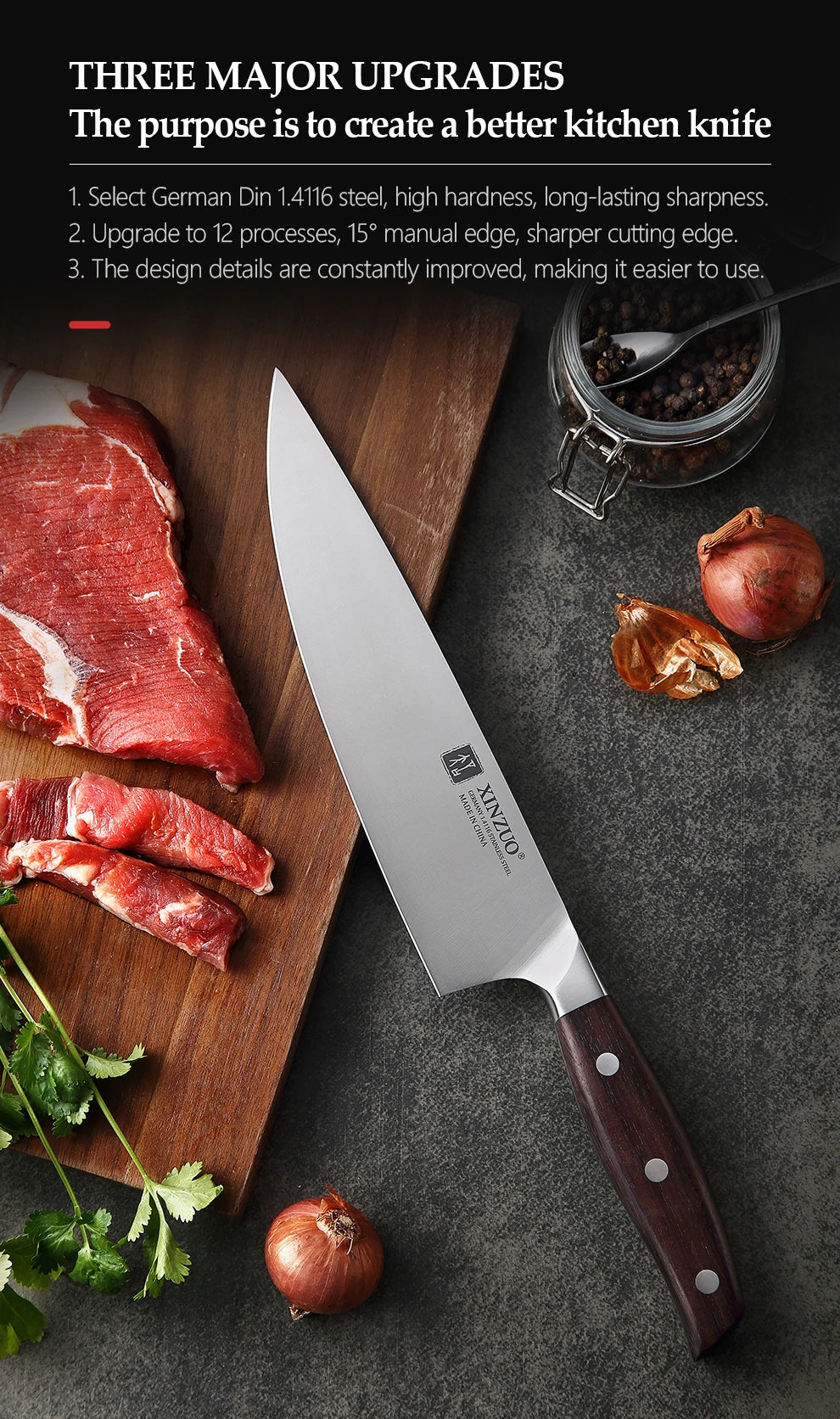 XINZUO 8'' Chef Knife German DIN 1.4116 Steel Kitchen Knives Stainless Steel Meat