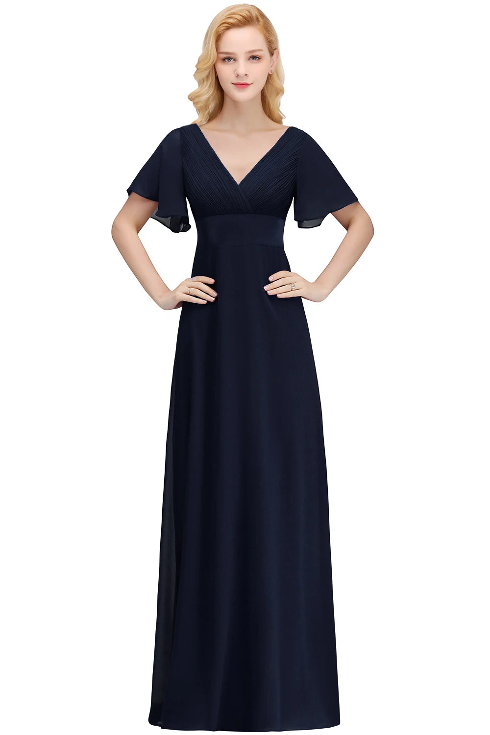 Chiffon Dresses For Prom Dress In Pristine Floor-length Short Sleeves White V-neckline And Sweeping A-line Skirt Zip-up Back