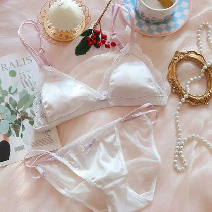 French Simple Lace Non-Underwire Triangle Cup Thin Bra Big Chest Small Top