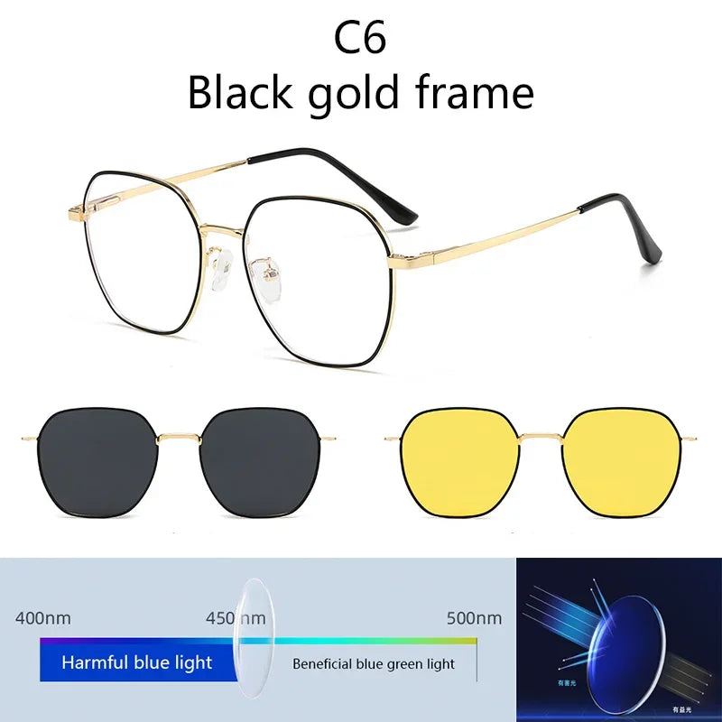 Sunglasses Men Women 3 In 1 Magnetic Clip On Glasses Hexagon Alloy Frame