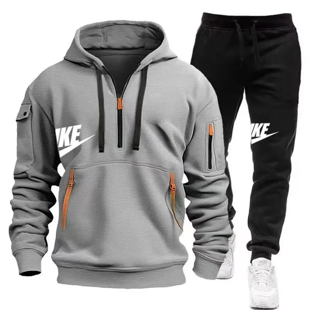 2025 New men's autumn and winter set: Multi-pocket hoodie + sport long pants set, casual men's wear, sportswear and warm set