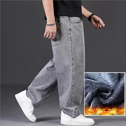 Plus Size Jeans for Men Winter Warm Wide Leg Jeans 30-48 Loose Long Pants Baggy Jeans