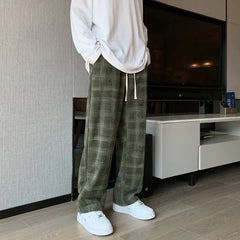 Men Checkered Casual Pants Loose Straight Corduroy Pants Sweatpants Man Fashion