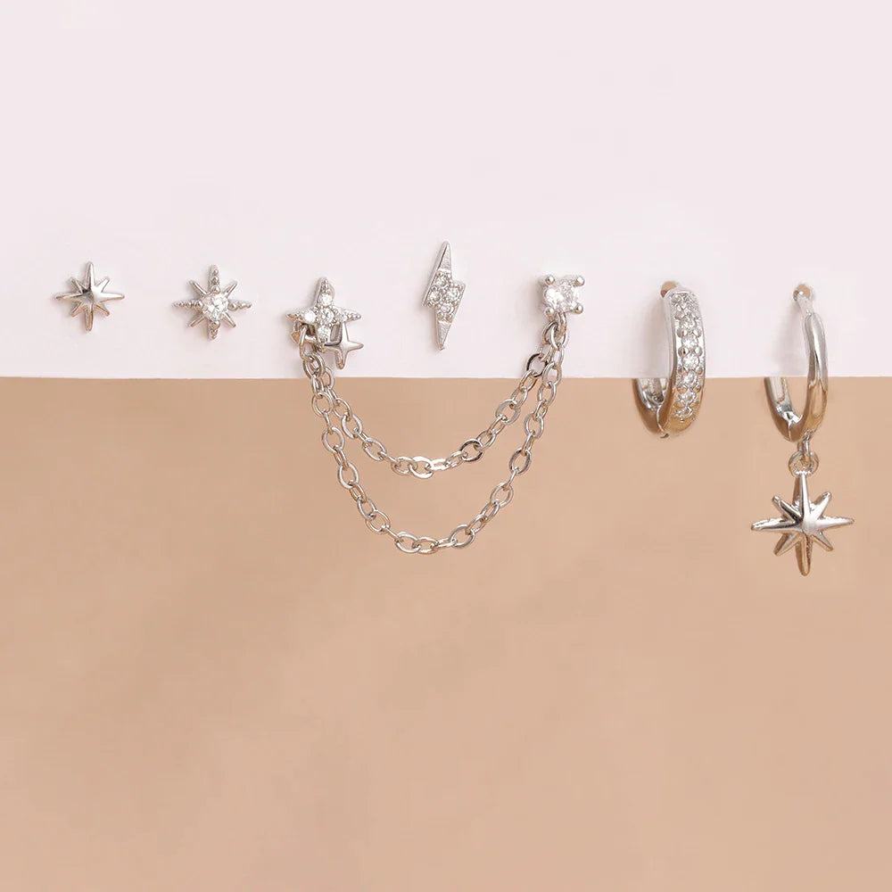 6PCS Fashion Cute Zircon Flower Ear Stud For Women Fashion 18K Gold Plated Star Ear Stud Earring Piercing Girl Set Jewelry Gift