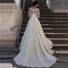 Modest Lace Appliqued A-line Satin Wedding Dress