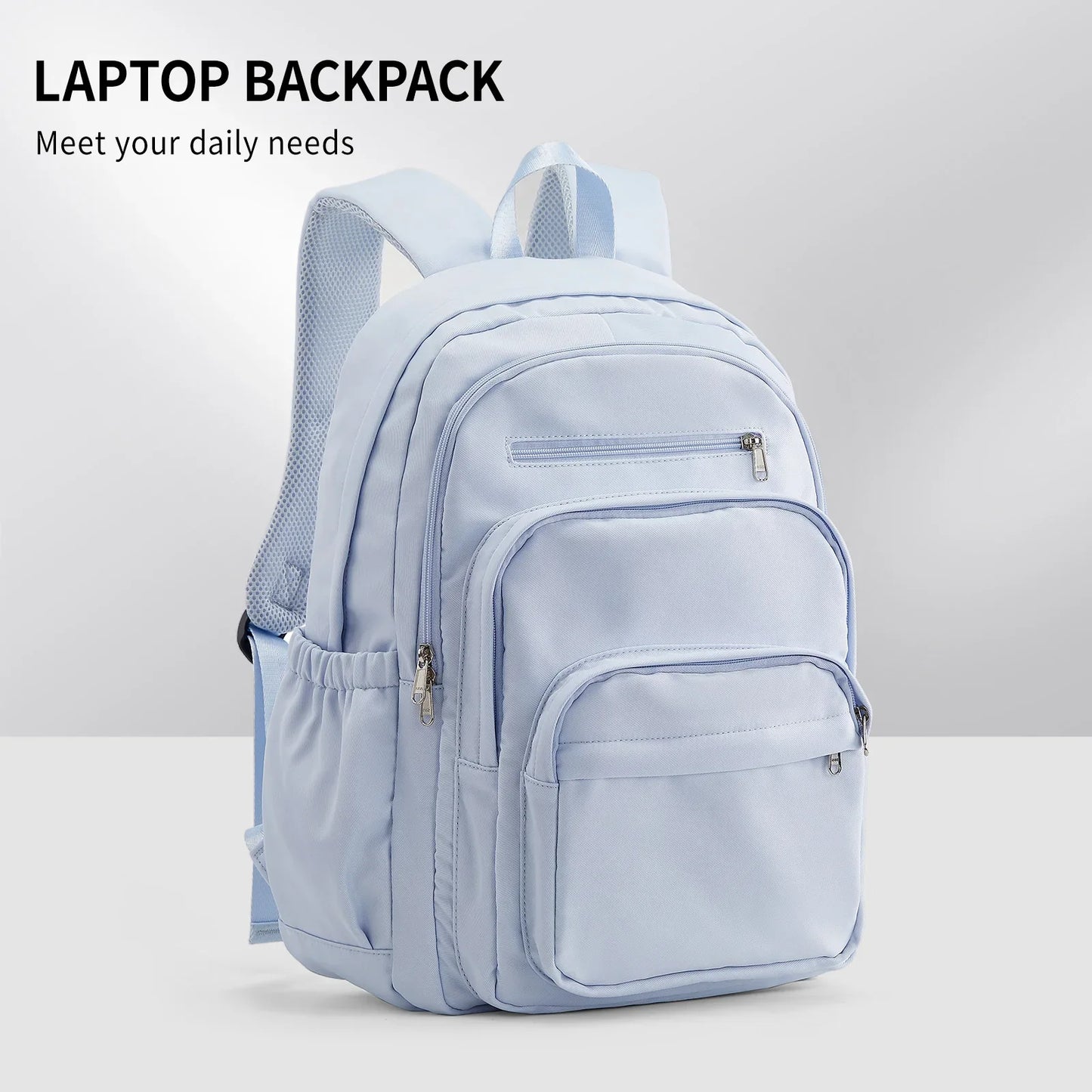 Casual Nylon Backpack, Backpack for Women, Multi-Pocket Design in Light Blue Durable for School, High School and College Bookbag