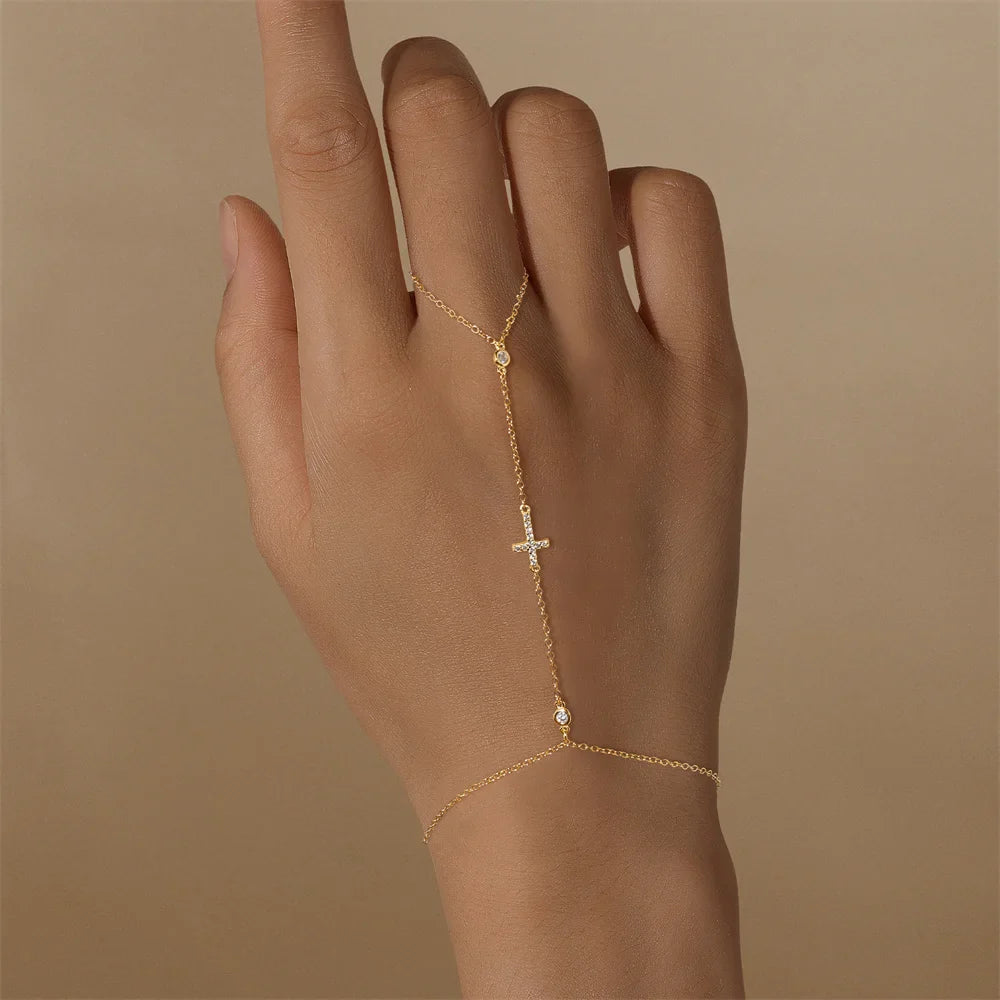 CANNER 925 Sterling Silver Flower Clover CZ Finger Ring Chain Bracelet For Women Ins Hand Chain Horse Eye Jewelry Party Gift