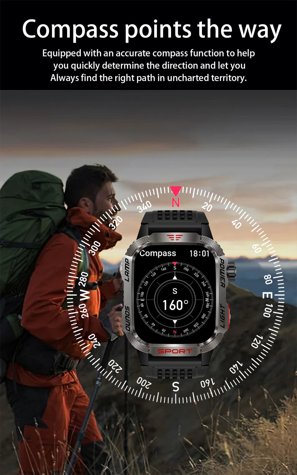 Outdoor Sports Smart Watch Men 2.01" GPS Tracker Compass LED Flashlight 600mAh Battery Waterproof Bluetooth Call Smartwatch Man