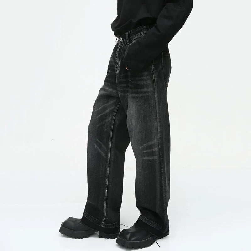 Men's Vintage Jeans Street Niche Design Loose Straight Burrs Denim Trousers