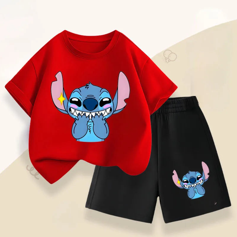 Summer Children's Casual Outfits Stitch Printed Boys Short Sleeved Top Sets Kids T Shirt Shorts Two Piece Suit Disney 2025