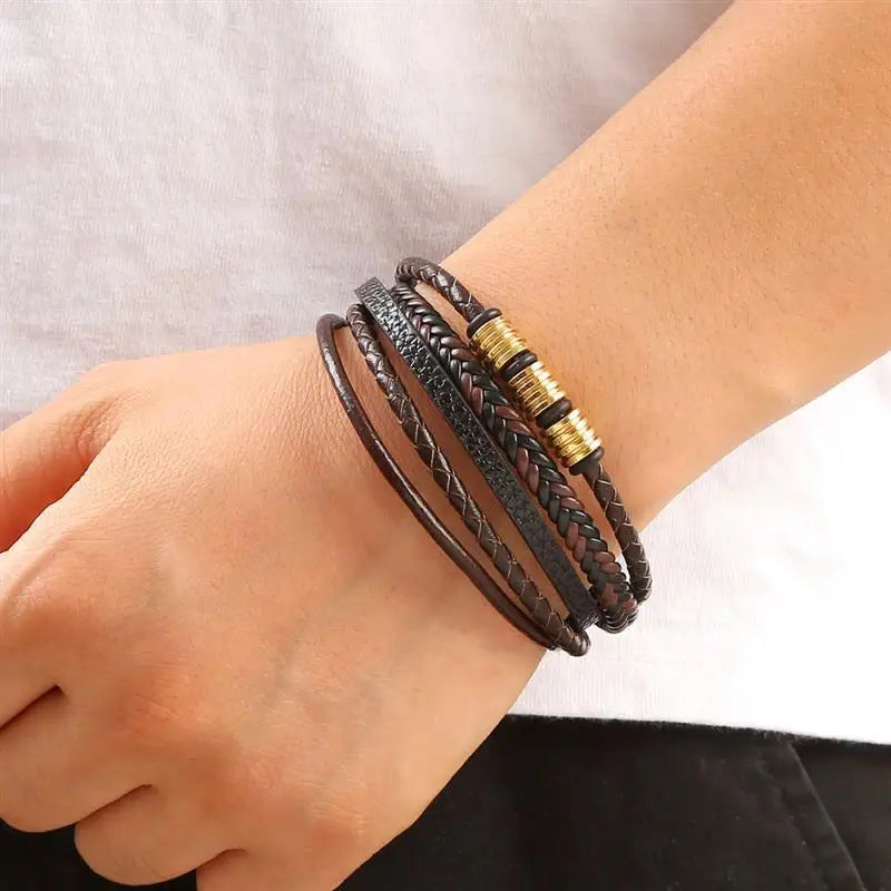 Punk Men Leather Bracelet with Stainless Steel Magnetic Clasp Braided Mutilayer Leather Wrapping Bangles Man Jewelry Gift