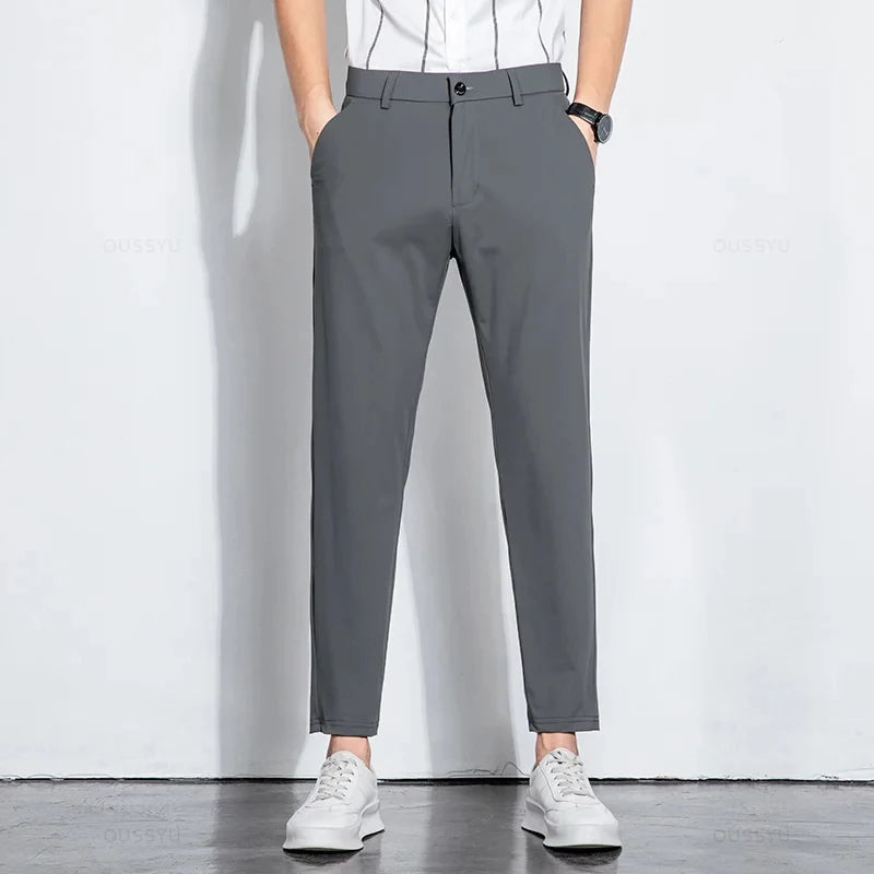 Summer Stretch Suit Pants Men Thin Business Solid Color Slim Ankle-Length