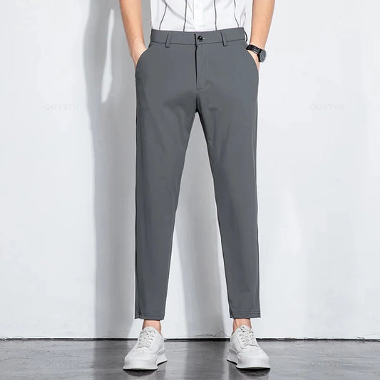 Summer Stretch Suit Pants Men Thin Business Solid Color Slim Ankle-Length