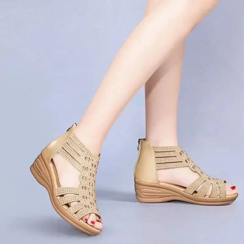 2024 Woman Sandals Women Cyrstal Comfortable Pumps Ladies Fashion Wedges Female Rome Bling Hollow Out Shoes Women's Zip Footwear