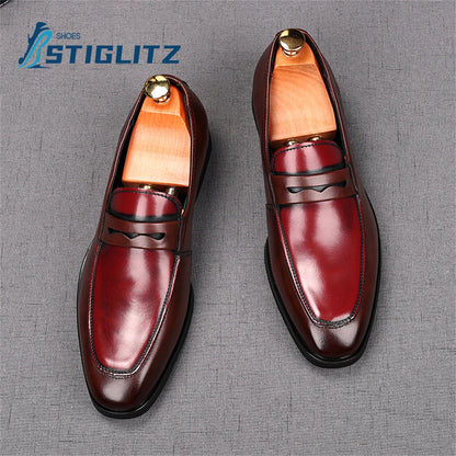 Men's Business Formal Wear Shoes Solid Genuine Leather Loafers Round Toe Slip On Shallow Loafers Wedding Suit Shoes for Men New