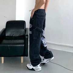 Streetwear Men Baggy Wide-leg Jeans Retro Harajuku Hip-hop Letter Thermoprint