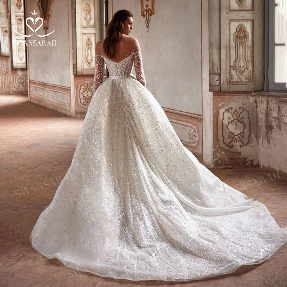 White Bridesmaid Dresses: Wedding Dress Long Sleeve Beading Chapel Train Princess