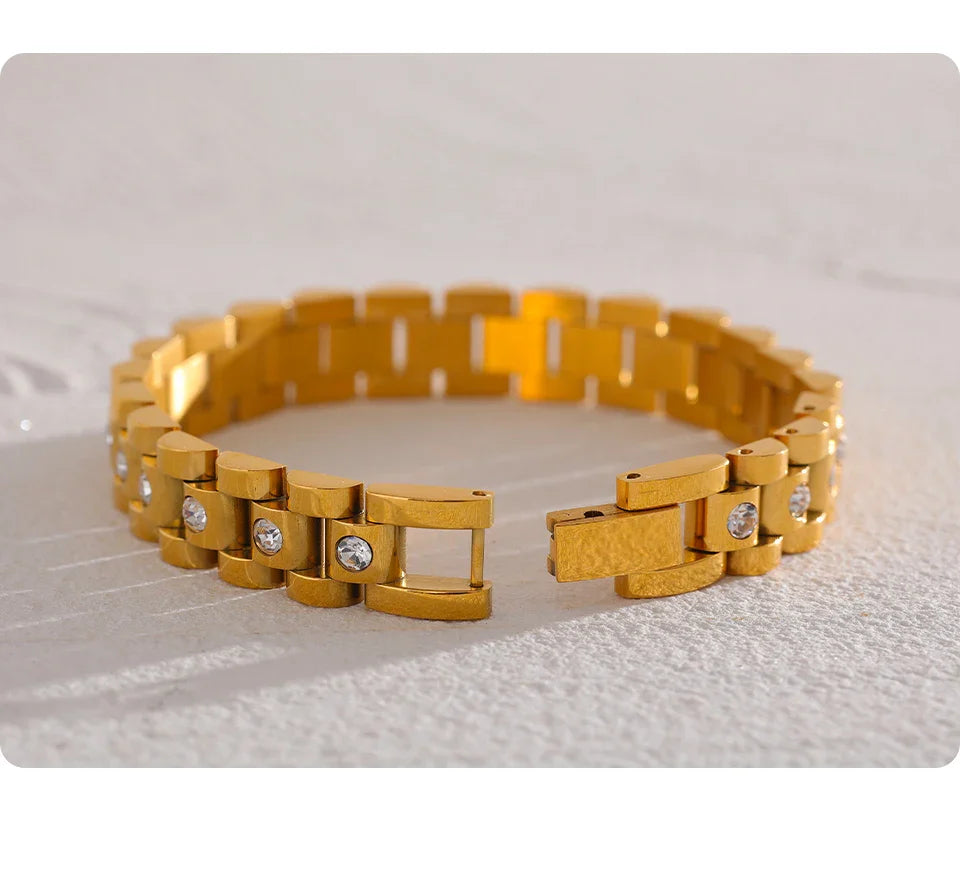 Yhpup 18cm Stainless Steel Imitation Pearls PVD Gold Plated Thick Cuban Chain Charm Bangle Bracelet Fashion Jewelry Wome