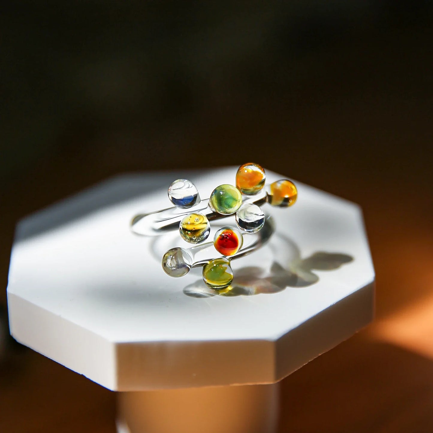 1pc Handcrafted Rainbow Glass Dewdrop Ring Colorful ball Ring Couple's Personalized High-end Round Ring Women Party Jewelry