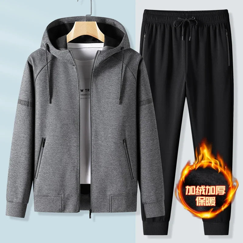 Thicker Fleece Jacket+Pants 2 Pieces Men Winter Tracksuit Sets Black Red Gray Sets Hoodies Casual Hooded Warm Sweatshirts+Pants