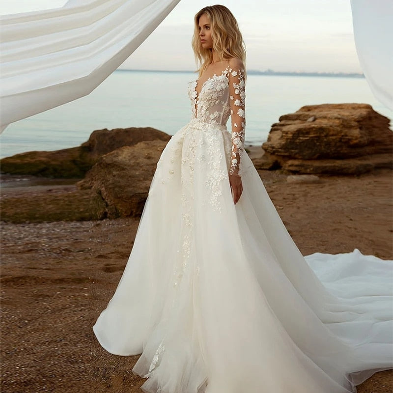 Wedding Dresses Elegant Women V-Neck Mermaid Detachable