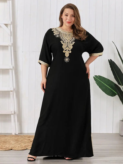 Plus Size Women Muslim Dress Short Sleeves Vintage Rhinestones Embroidered Long Dresses Middle East Arabian Robe Islamic Cloth